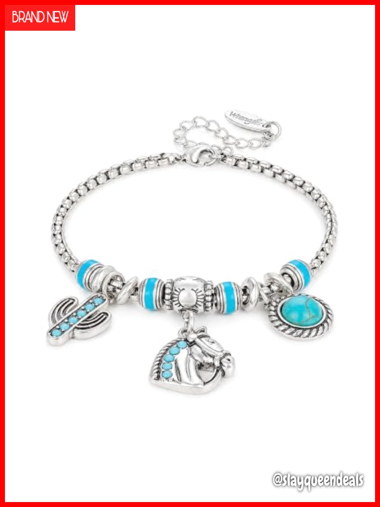 Turquoise Sliding Charm Bracelet Fixed Charms Western Country Jewelry Gift Box
